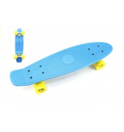 Skateboard 60cm nosnost 90kg, kovové osy, modrá barva, žlutá kola