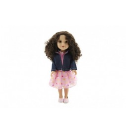 Panenka plast stojící kudrnaté vlasy, růžové šaty a bunda 46cm v krabici 24x49x13cm