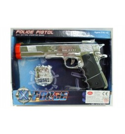 Pistole s odznakem policie plast 24cm na baterie se zvukem v krabici 26x20x4cm