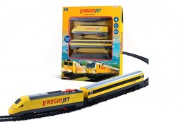 Vlak žlutý RegioJet s kolejnicemi 18ks plast se zvukem a světlem v krabici 38x43x6cm - Rock David