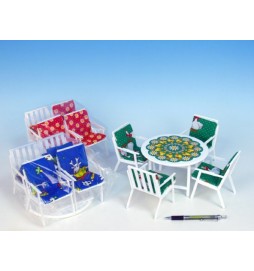 Nábytek pro panenky stůl + 4 židle se sedáky 4 barvy (1 sada v sáčku)