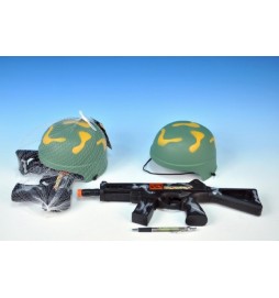 Vojenská sada /samopal 31cm + helma plast v síťce